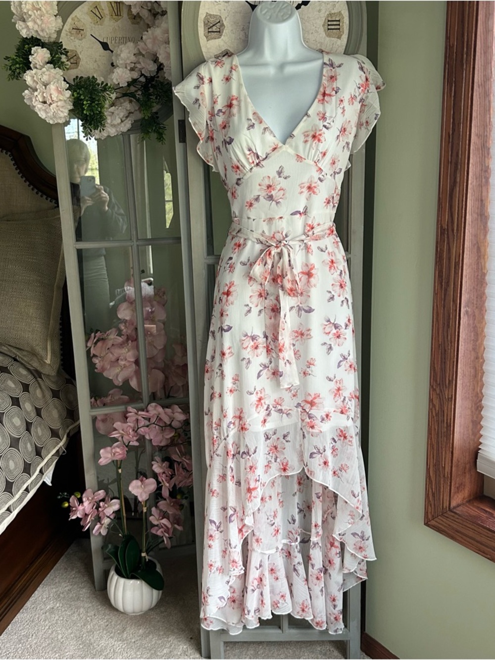 Asymmetrical High-Low Midi Dress Flutter Sleeves Ruffles Pink White Floral Sz XL - Picture 2 of 9